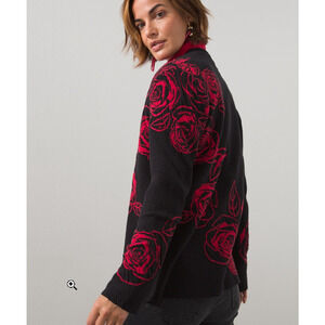 Chicos Textured Jacquard Print Cardigan Rose Print Sz 2 /‎ Large Red Black